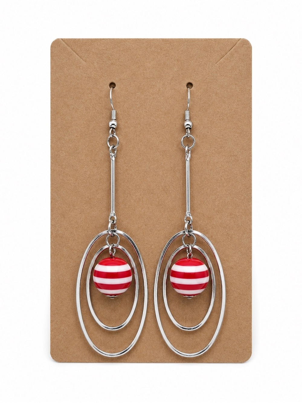 Red White Striped Ball Dangle Earrings Silver Tone Oval Hoops Retro New